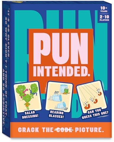 Gouda Games Pun Intended - Hilarious Picture Guessing Card Game for Families & Adults, Fast-Paced Wordplay Fun, Gifts for Pun Lovers, 2-10 Players
