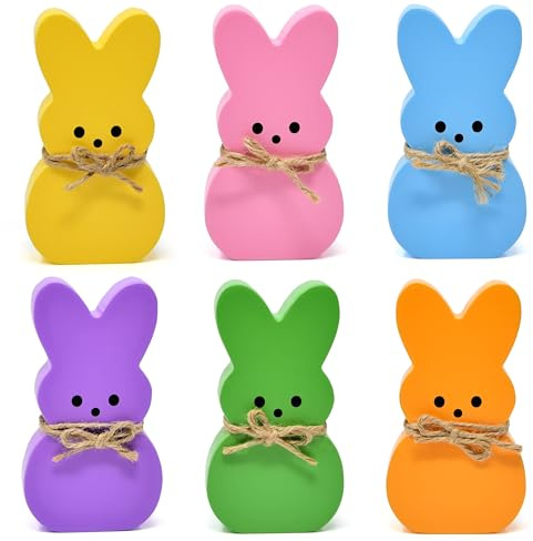 Easter Bunny Wooden Decor Set of 6 Colorful Peeps Rabbit Table Decorations Farmhouse Spring Tiered Tray Decor Rustic Shelf Centerpiece