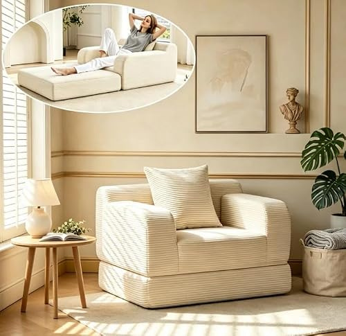 Wumagin Sofá Cama Plegable, Sofá Cama Plegable, Cómoda Chaise Longue sin Marco con Respaldo, Reposabrazos y Almohadas, Sofá Pequeño Adecuado para Salón o Dormitorio, Asiento Individual (Beige)