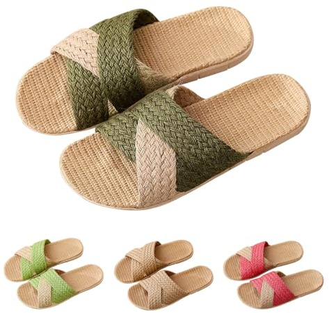 Nidddiv Zapatillas de estar por casa para mujer, de lino, planas, para interiores, transpirables, para exteriores, antideslizantes, de ratán, modernas, ligeras, para verano, vacaciones, chanclas de
