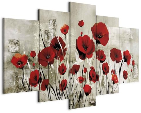 B&D XXL - Quadro Fiori Papaveri 200x100 cm 5 Pezzi Stampa su Tela XL Immagini Moderni Murale Fotografia Grafica Decorazione da parete Quadri Componibili Fiore Papavero Rosso Grigio b-A-0001-b-o