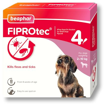Beaphar - FIPROtec Spot-On Flea & Tick Treatment for Small Dogs 2-10kg - 4 Pipettes - Kills Fleas & Ticks – Veterinary Medicine - Easy to Apply Monthly - Suitable for Dogs & Puppies from 8 Weeks