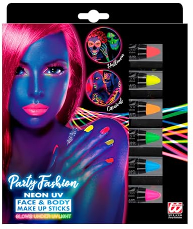 W WIDMANN MILANO Party Fashion 09602 - Neon Schminkstifte 6er Set, Fluoreszierende Farbe, Neon Party, Face- und Bodypainting Farben