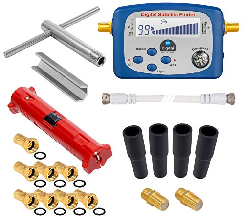HB-Digital XXL SAT Installationsset: digitaler Sat-Finder mit Kompass + Abisolierer + Montageschlüssel + Aufdrehhilfe + 8X F-Stecker vergoldet + 2X Verbinder + 4X Gummitülle Wetterschutz Werkzeugset
