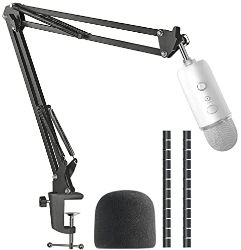SUNMON Mic Arm with Pop Filter, Boom Arm Mic Stand for Blue Yeti, Microphone Boom Arm with Cable Sleeve and Adapter Nut