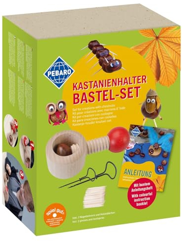 Pebaro Set kastanjeborrar, 5 kastanjeborrar, pysselset, kastanjehållare, 2 kastanjeborrar/nagelborr, detaljerade instruktioner, borrhål i lådan, för barn, inkl. 190 tandpetare