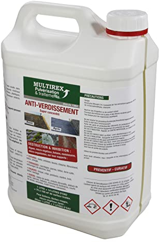 Multirex Antimousse 5 L sans javel, super concentré pH neutre, jusqu’à 500 m², toitures façades terrasses allées, élimine mousses algues lichens taches rouges, application sans rinçage