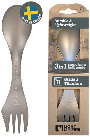 Light My Fire Titanium Spork Camping Spoon Fork Knife Combo Reusable Travel & Camping Utensils - Unbreakable Non-Toxic BPA Free Outdoor Backpacking Hiking Picnic Utensil, 1 Metal Spork