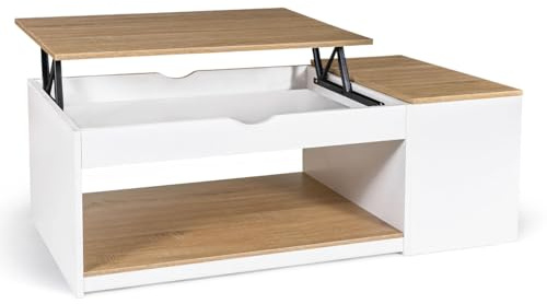 IDMarket - Table Basse Plateau relevable rectangulaire ELEA avec Coffre Bois Blanc et façon hêtre