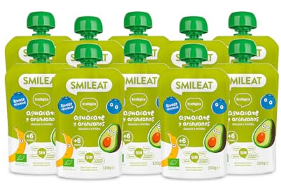 Smileat - Pack de 10 Pouch de Frutas Ecológicas - Sin Sal ni Azúcar Añadido, Sin Gluten - Snack Práctico para Peques - Sabor a Aguacate y Arándanos