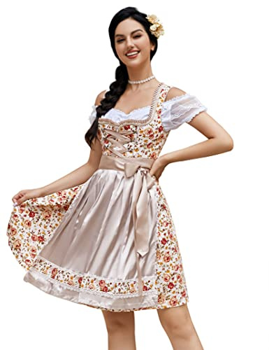 Clearlove Robe midi Dirndl pour femme 3 pièces pour fête de la bière, carnaval, 3 pièces : robe, chemisier, tablier (emballage réutilisable), Fleurs, 40