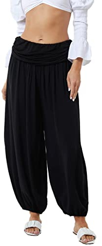 Women's Full Length Lagenlook Boho Hippy Harem Ali Baba Long High Waisted Cuffed Loose Fit Plain Pants Summer Trousers Ladies Joggers Baggy Yoga Harem Pants Plus Size UK 10-18 (14, Black)