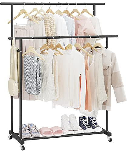 Calmootey Kleiderständer Mit Doppelstange - Rollend Und Tragbar für Schlafzimmer, Wohnzimmer, Bekleidungsgeschäft - Schwarz