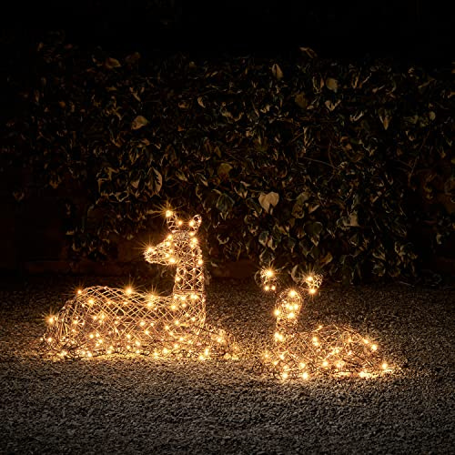 Lights4fun Set di 2 Renne Natalizie Luminose in Vimini Marrone con 190 LED Bianca Calda Luci di Natale Decorazione Natalizia Figura di Natale per Interni ed Esterni