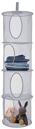 Hanging Mesh Storage Net, 4 Tier Compartments Foldable Hanging Soft Toy Storage Basket Mesh Storage Bag, Space Saving Organizer for Toys Clothes Sundries (Gray)