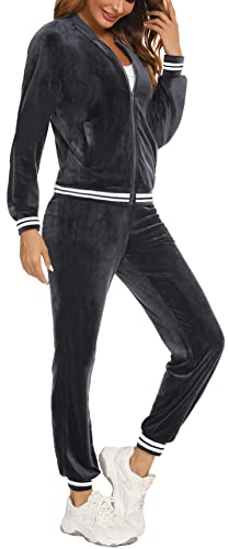 Enjyam Damen Nicki Hausanzug Samtweich Joggingananzug 2 Teiliger Herbst Anzug für Sport Zuhause, Langarm Zipjacke+Lange Hose,Grau,M