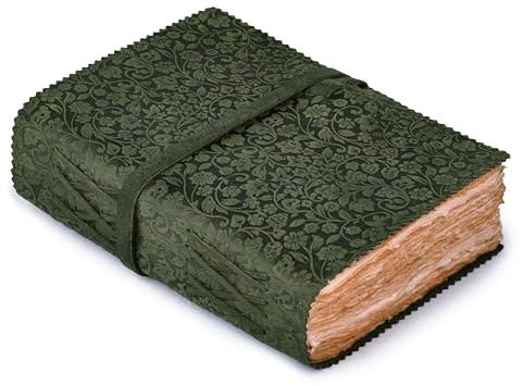 LÄDER VILLAGE Läderbunden blommig präglad dagbok för kvinnor män – 200 sidor, 15 x 12 cm (A6), aqua – Book of Shadows, vintage tomt papper resedagbok, anteckningsbok för att skriva, rita, skissbok