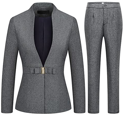 MODFUL Women's Business Pant Suit Set 2 Piece Slim Fit Blazer Jacket One Button Buckle Closure Lady Work Suit for Office (Grey, X-Large)