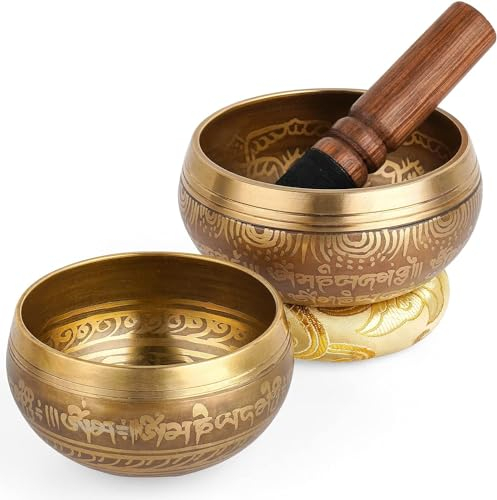 Hihealer Tibetanische Klangschalen 2er Pack Set, 100% Handgefertigte Klangschalen aus Nepal mit Anleitung, Schlegel, Kissen, Geschenkbox; Meditation, Yoga, Chakra, Singing Bowls Weihnachtsgeschenke