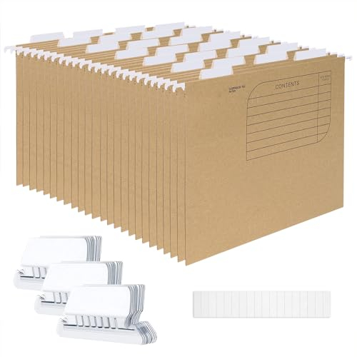Srvnpioy 25 Stück Hängehefter DIN A4, aus Karton Kraftpapier, A4 Hängeregister Hängetasche mit Reitern und Karteneinsätzen, Hängemappen A4 für Schule, Zuhause, Arbeit, Büro
