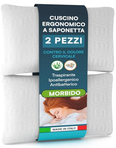 Eurocali 2 Cuscini Memory Foam Ipoallergenico ed Ergonomico Guanciale Letto Made in Italy Supporto Cervicale Morbido e Traspirante con Fragranza Aloe Vera e Camomilla