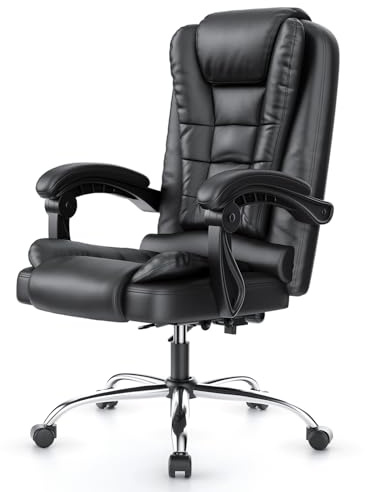 rattantree Silla de Oficina Ergonómica, Silla Giratoria de Cuero PU, Negro | Silla de Escritorio con Reposabrazos Acolchado, Función de Inclinación, Ajustable en Altura, Silla Ejecutiva con Ruedas