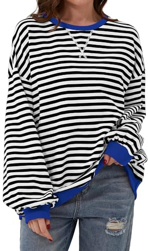Chicrise Sweatshirt dam överdimensionerad randig färgblock långärmad tröja stickad rund urringning toppar lös, Svartvit randig, M