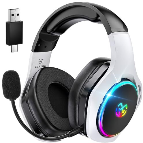 Tatybo Auriculares Gaming Inalámbricos para PC/Ps5/Ps4, Cascos Gaming Inalámbricos con Micro 2.4 GHz+5.3 Bluetooth Modo Dual, 7.1 Sonido Envolvente, Duración 40Hr+