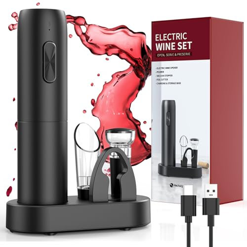 Wiederaufladbarer elektrischer Korkenzieher mit Ladestation, elektrischer Weinöffner, 6-in-1-Set, Geburtstagsgeschenk, Flaschenöffner mit Ausgießer, Vakuum-Weinverschluss, Folienschneider und