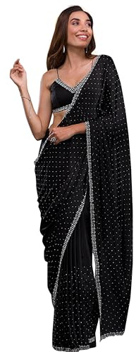 TRENDMALLS Dam satin Georgette Zarkan arbete sari med osydd blusdel (K1086-svart), Svart, en storlek