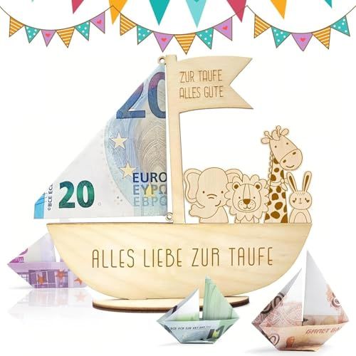 ZYEKIU Regalo De Dinero para Bautizo, Regalo Bautizo de Madera, Regalos Bautizos Niño Madera del Arca de Noé, Regalos de Bautizos DIY, para Cumpleaños, Comuniones, Baby Showers, (14,5 × 15cm）