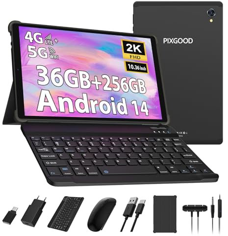 PIXGOOD 2K Tablet 10.4 Pulgadas, Android 15, 36GB RAM+256GB ROM (2TB TF), Octa-Core, INCELL 2000 * 1200, 5G WiFi, 8000mAh, 13MP+8MP, GPS, Tablet con Teclado ect (Negro)