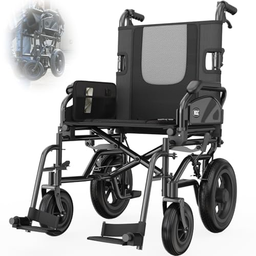 VOCIC Sedia a rotelle U11, pieghevole, leggera, 13 kg, sedia a rotelle per l'appartamento, pieghevole fino a 136 kg, seduta 46 cm, due freni, 30 cm, cuscino in rete 3D, sedie a rotelle strette