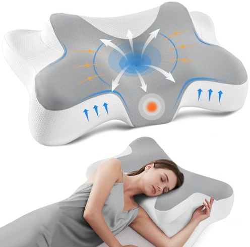 DONAMA Oreiller Cervical Ergonomique Mémoire de Forme, Soutien du Cou, pour Dormir sur Le Côté et Le Dos, 66x37x13 cm, Gris Blanc