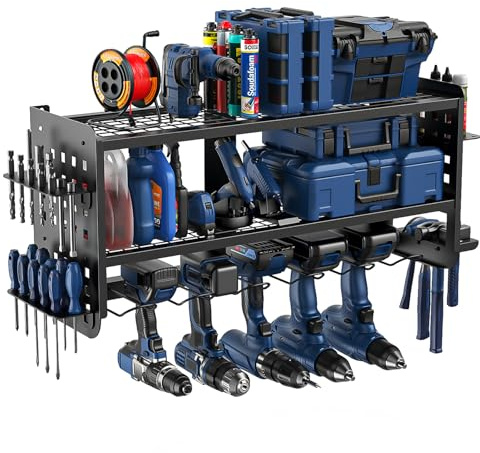 Strifuture Organizer da parete – Scaffale in acciaio per carichi pesanti, griglia ventilata con supporto per trapano/martello/cacciavite per la conservazione del garage
