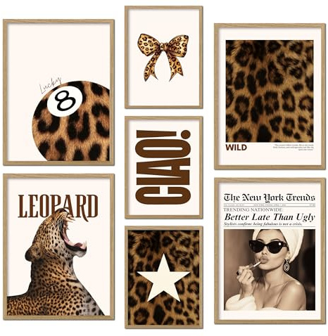 ag.art deco® 7-pack Posterset Leopardmönstrade Modeväggkonst Väggdekoration | Massivt Trämaterial, för Vardagsrum och Sovrum, Modern Design, Skyddsglas, Enkel Väggmontering, Slitstark Ram, Vardagsrum