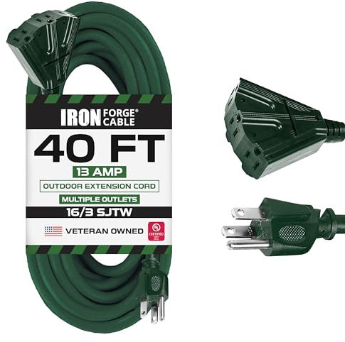 IRON FORGE CABLE 40 Foot Outdoor Extension Cord with 3 Electrical Power Outlets - 16/3 SJTW Durable Cable