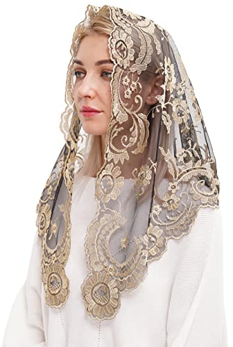 Mantilla de encaje bordada, iglesia católica, velo para celebraciones religiosas, Dorado y Negro, 120cm*60cm