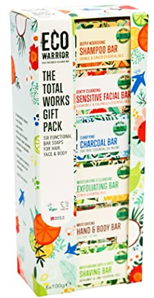 Eco Warrior Total Works Gift Pack - Shampoo Bar, Sensitive Face Bar, Hand & Body, Charcoal, Exfoliating and Shaving Soap - Natural, Eco Friendly, Vegan, Cruelty Free Soap Bars, 100g (Pack of 6)