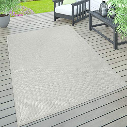 Paco Home In- & Outdoor Teppich wetterfest für Garten, Terrasse & Balkon flachgewebt in Moderner Sisaloptik einfarbig pflegeleicht & UV-beständig, Grösse:60x100 cm, Farbe:Elfenbein