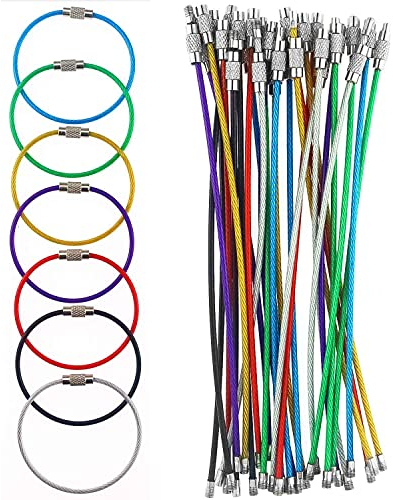 Graplan 35 Stück Edelstahl Draht Schlüsselanhänger Farbige Stahldraht Keychain Kabel Schlüsselanhänger Kabelschleifen Edelstahl-Zahnrad für hängende Gepäckanhänger,Schlüsselringe und ID Tag Wächter