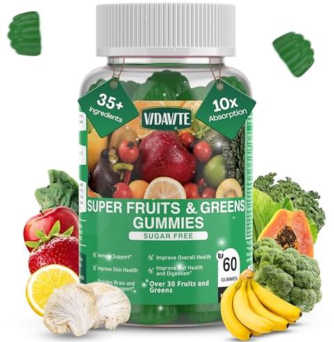 VIDAVITE Sugar-free Super Greens Gummies — US-Made, 35+ Fruit and Veggie gummies to Boost Immunity, Skin & Gut Health — Ideal Fruits and Vegetables Supplement for Adults & Picky Teens (30-Days Supply)