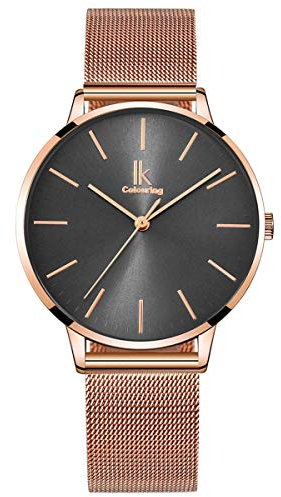 Alienwork Armbanduhr Damen Roségold Metall Mesh Armband Edelstahl Grau Ultra-flach dünn