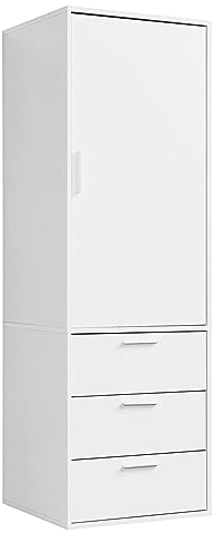 mokebo Kleiderschrank klein in Weiß 1-türig & 3 Schubladen 'Der Grenzenlose', modularer Schlafzimmerschrank, Garderobenschrank, Flurschrank, Drehtürenschrank oder Schrank Holz in 60x187x58 (BxHxT)