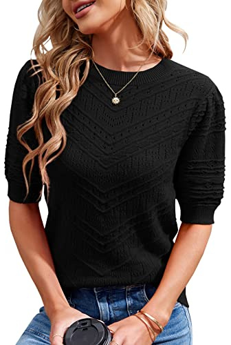 Runcati Pull en tricot à manches courtes pour femme - Décontracté - Col rond - Manches bouffantes - Élégant - Couleur unie