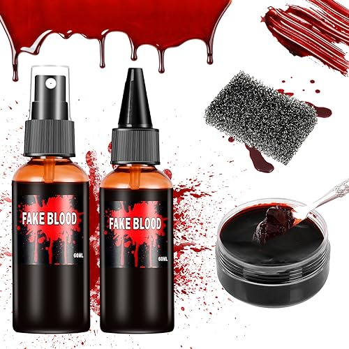 Aomig Faux Sang Halloween, 1x Plasma Coagulé, 2x Spray de Faux Sang(60ml), Makeup Revolution Réaliste, Lavable, Sûr, Fake Blood pour Carnaval, Film, Théâpre, Farces, Blessures Simulées