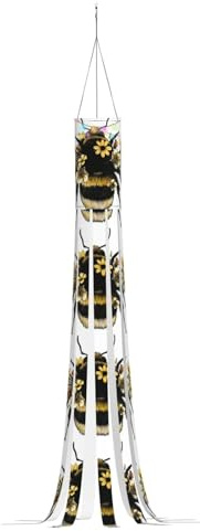 Cute Fluffy Bee Halloween Windsock Flag 59 Inch with Led Lights Halloween Outdoor Hanging Decorations for Home Yard Patio Lawn Garden Party Decor