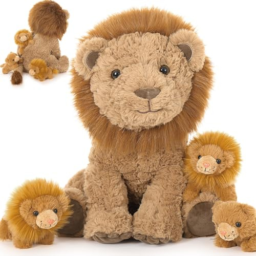 MorisMos Löwe riesen Kuscheltier XXL,45cm sitzende Löwen Stofftier Plüschtier mit 3 Baby im Bauch, Lion Geburtstag Geschenk für Kinder Jungen