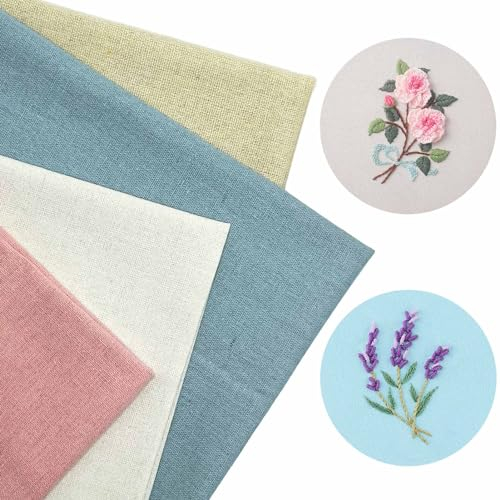 4 Stück Leinenstoff Natur Stoff zum Sticken, BTIYMU Kreuzstich Stoff Dünn Fein Embroidery Fabric für Kinder Erwachsener, Baumwolle Leinen Stoffe Meterware Grob Stick Stoffe Weiß Beige Blau Rosa
