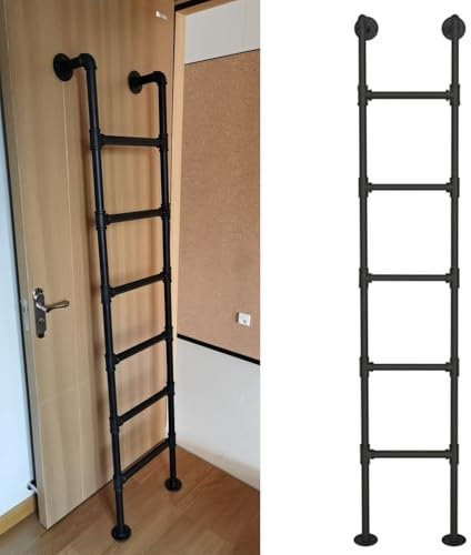 Yopappol Wall Mounted Attic Loft Ladder Black Interior Bunk Bed Ladder Metal Iron Fire Escape Ladder for Dorm,Library,Warehouse,Deck,RV,Boat, 330LBS Load(300cm/118in)